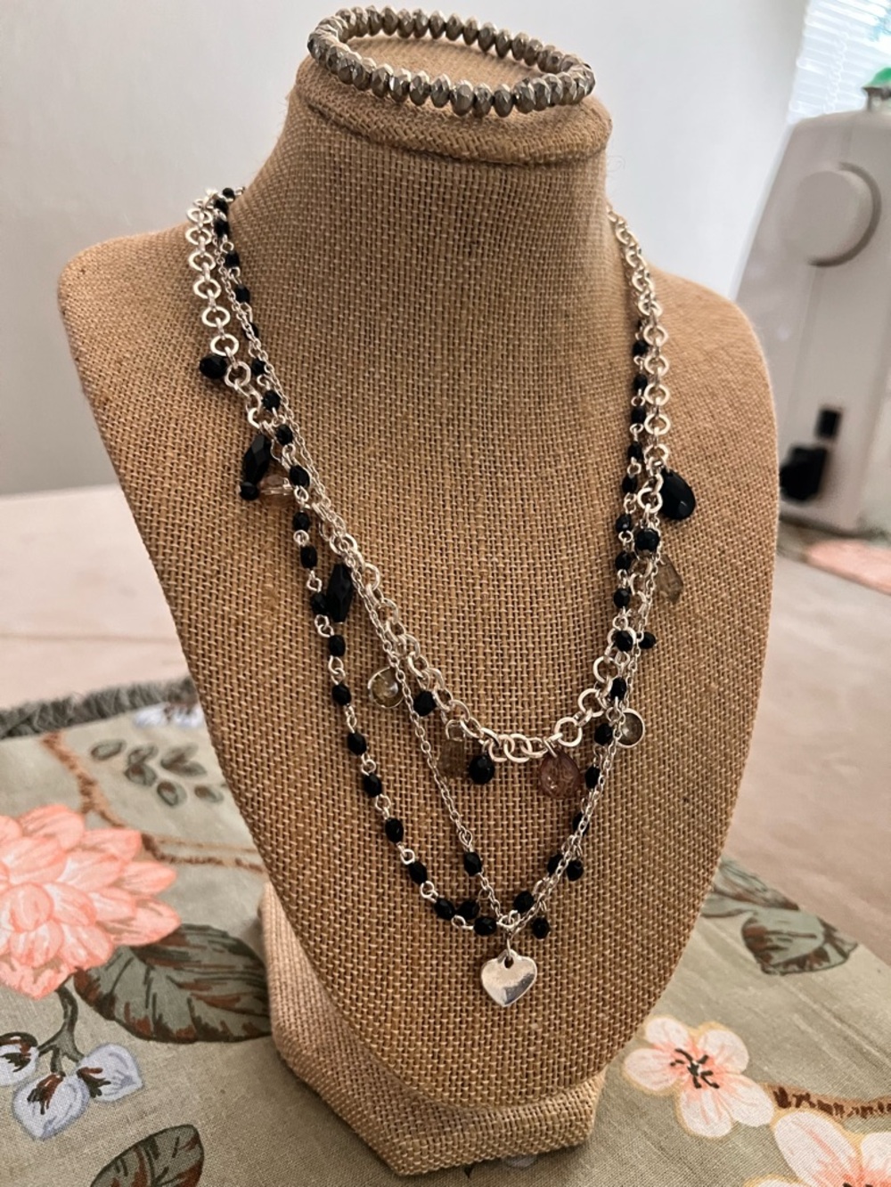 Layered Black Bead and Silver Heart Pendant Necklace - Women Jewelry